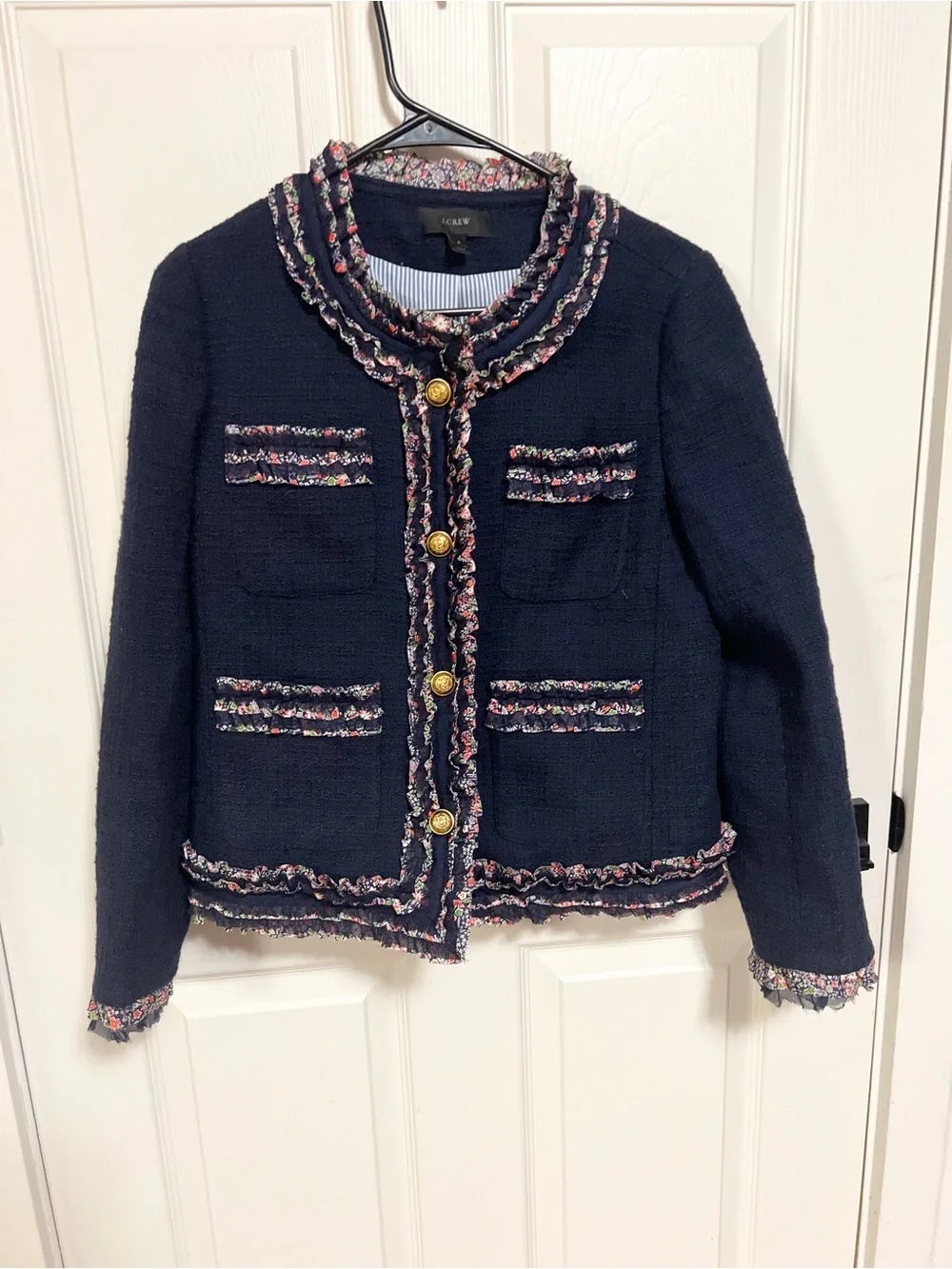 J. Crew Lady Jacket Tweed Blazer cotton silk Floral Trim Navy Blue size 8
